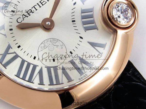 Ballon Blanc De Cartier 30mm RG DRF 1:1 Best Edition Silvered Texture Dial on Black Leather Strap Ronda Quartz