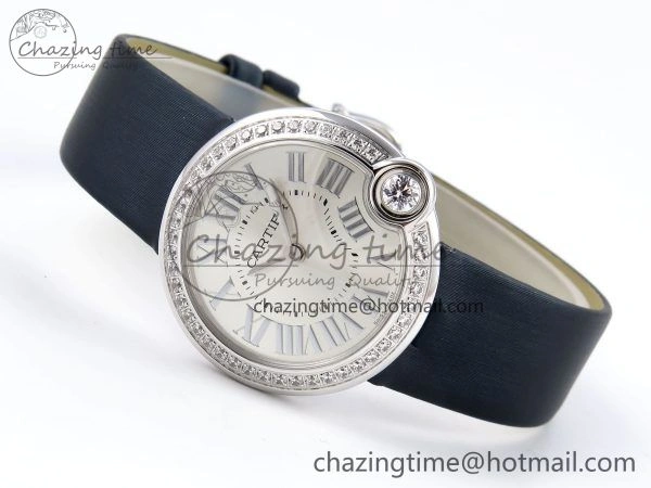 Ballon Blanc De Cartier 30mm SS DRF 1:1 Best Edition Silvered Texture Dial Diamonds Bezel on Blue Calfskin Strap Ronda Quartz