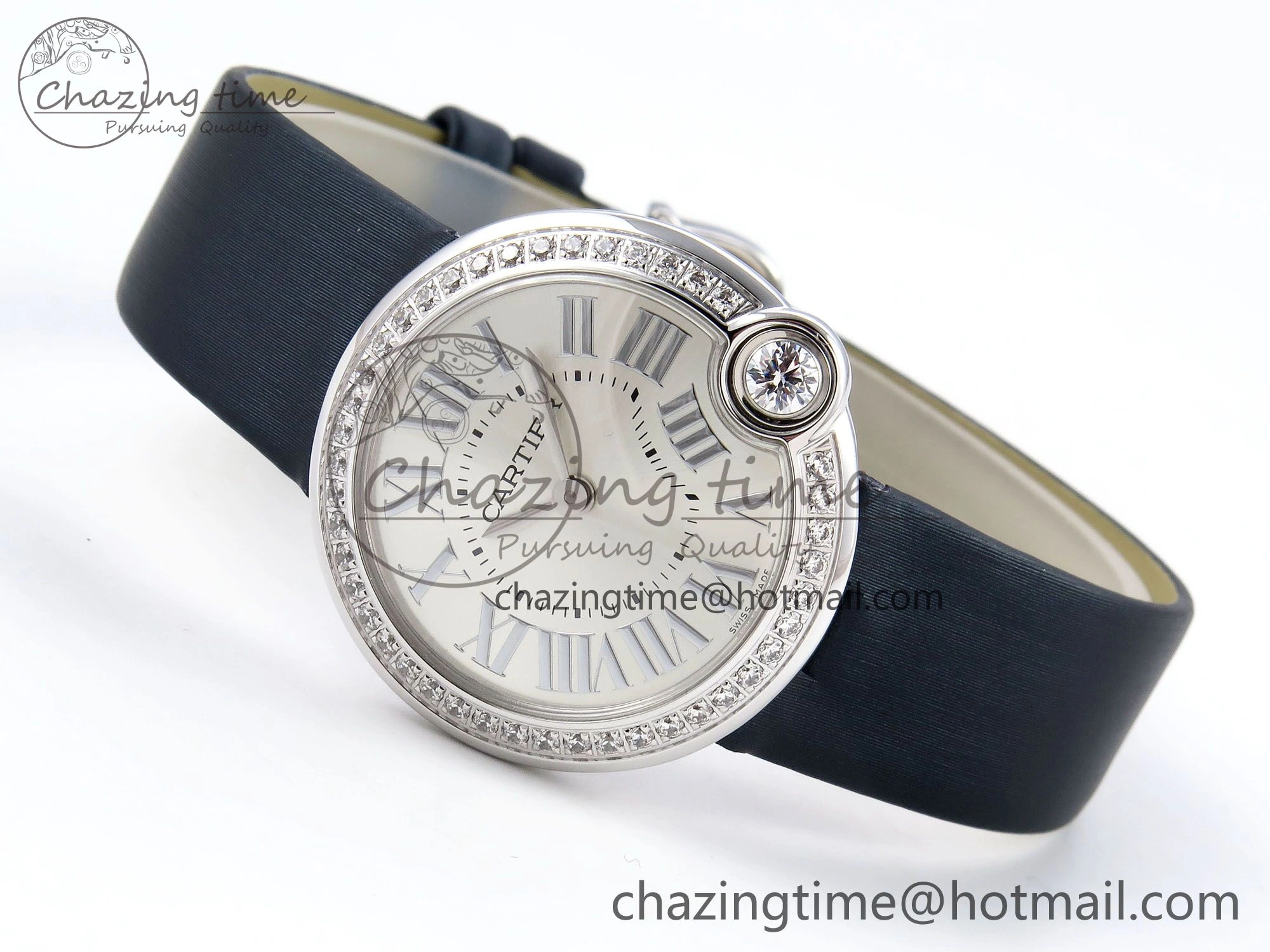 Ballon Blanc De Cartier 30mm SS DRF 1:1 Best Edition Silvered Texture Dial Diamonds Bezel on Blue Calfskin Strap Ronda Quartz