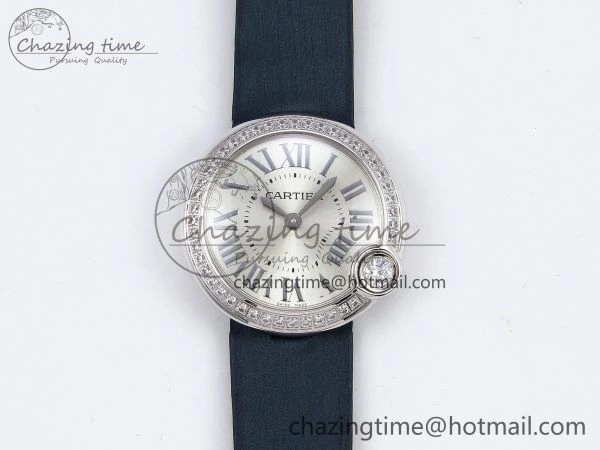 Ballon Blanc De Cartier 30mm SS DRF 1:1 Best Edition Silvered Texture Dial Diamonds Bezel on Blue Calfskin Strap Ronda Quartz