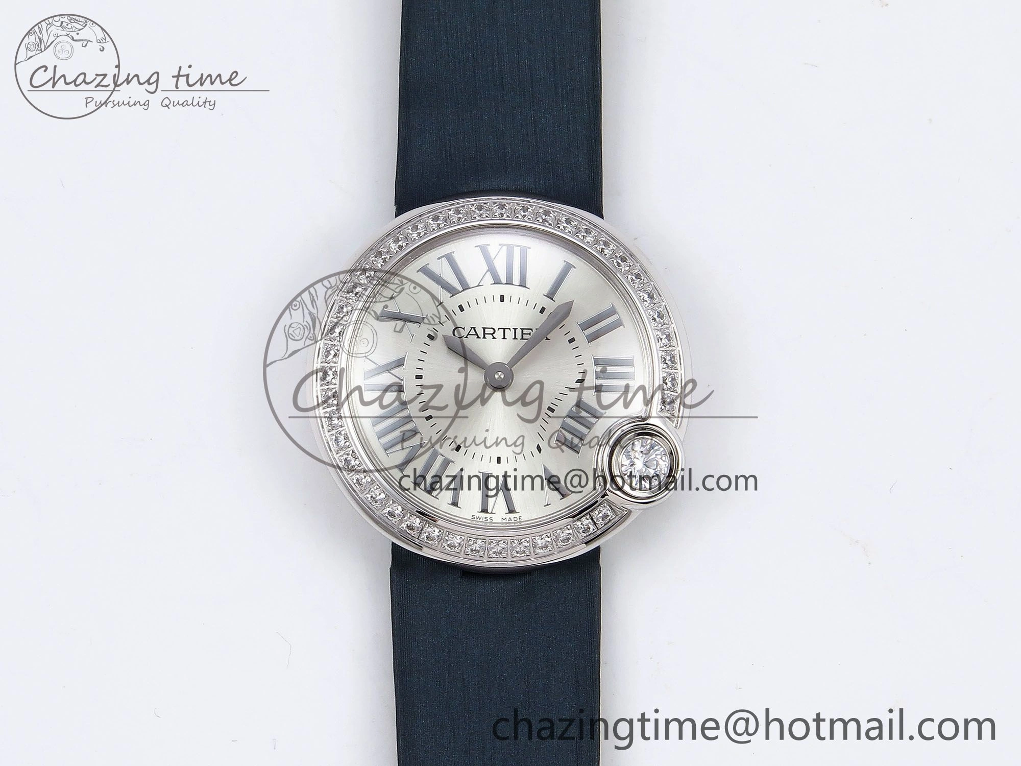 Ballon Blanc De Cartier 30mm SS DRF 1:1 Best Edition Silvered Texture Dial Diamonds Bezel on Blue Calfskin Strap Ronda Quartz