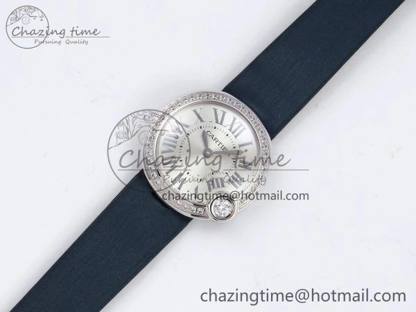Ballon Blanc De Cartier 30mm SS DRF 1:1 Best Edition Silvered Texture Dial Diamonds Bezel on Blue Calfskin Strap Ronda Quartz