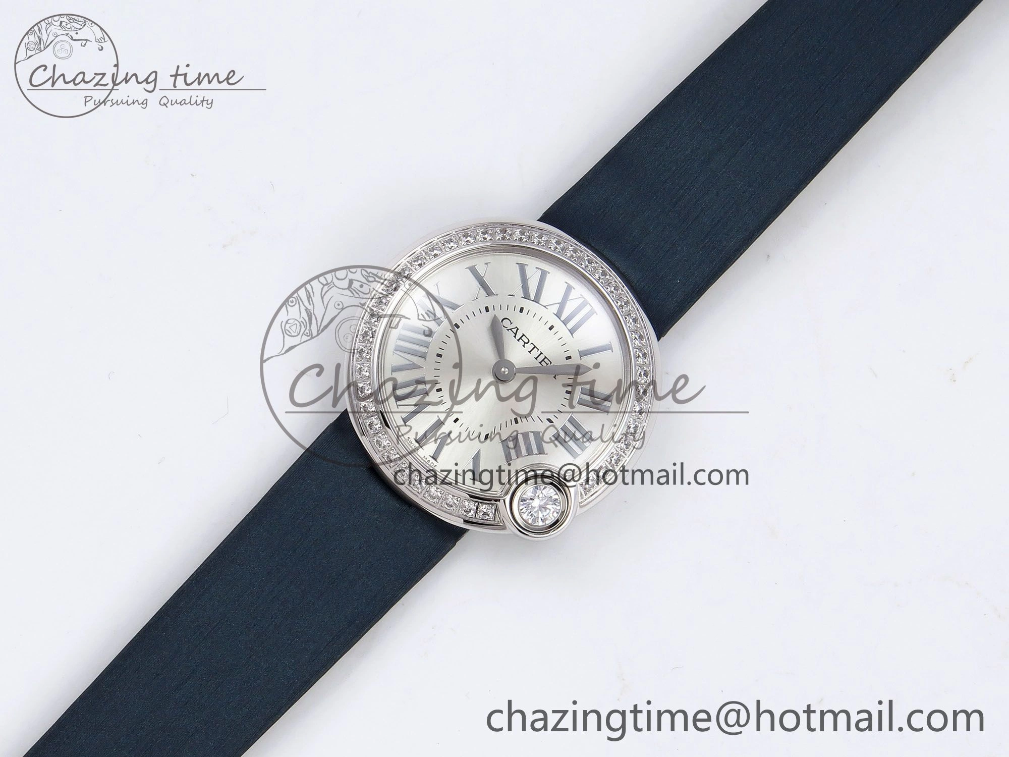 Ballon Blanc De Cartier 30mm SS DRF 1:1 Best Edition Silvered Texture Dial Diamonds Bezel on Blue Calfskin Strap Ronda Quartz