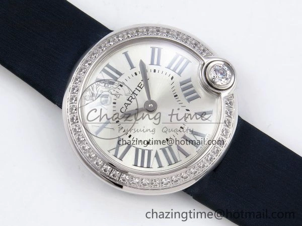Ballon Blanc De Cartier 30mm SS DRF 1:1 Best Edition Silvered Texture Dial Diamonds Bezel on Blue Calfskin Strap Ronda Quartz