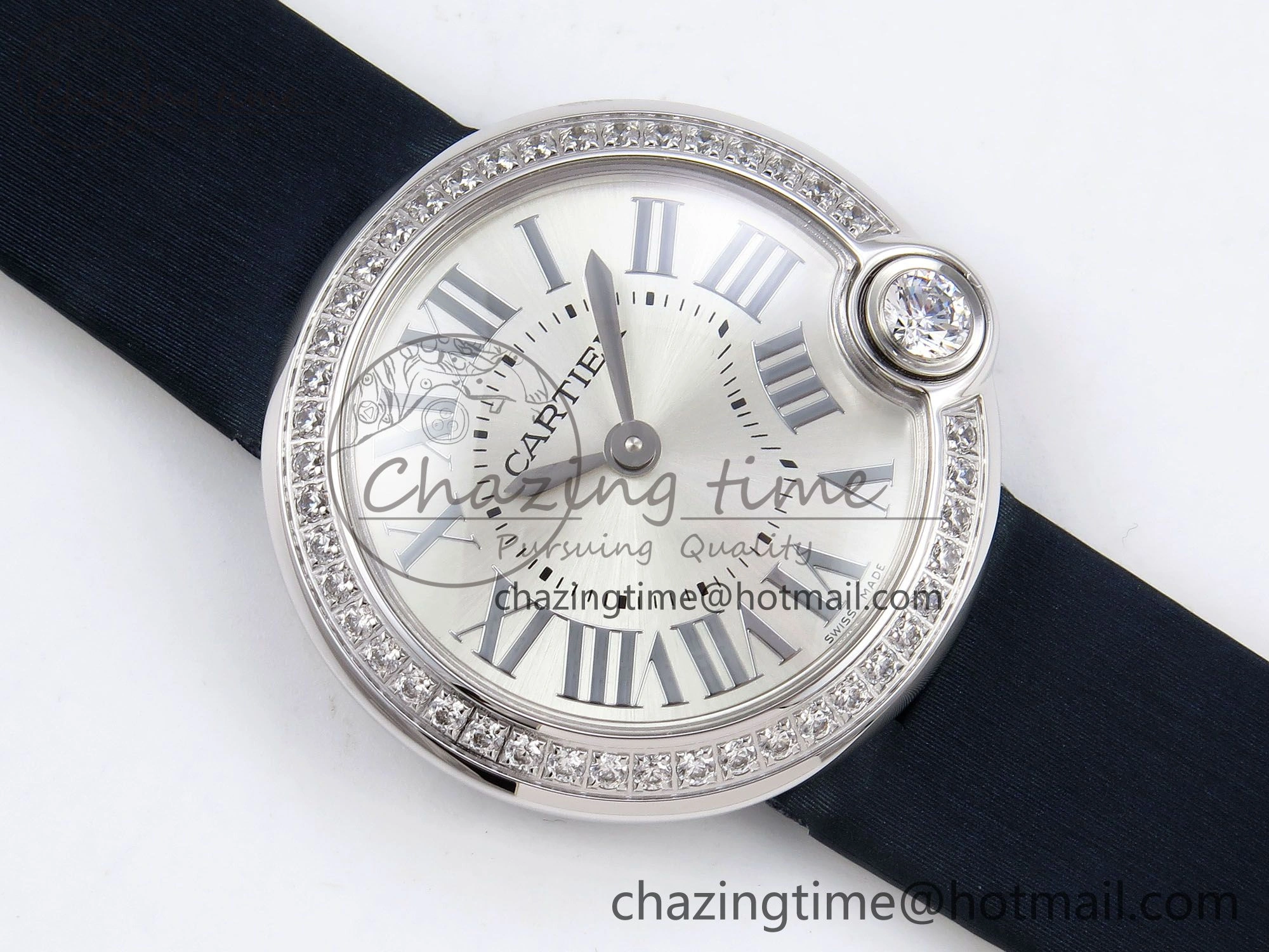Ballon Blanc De Cartier 30mm SS DRF 1:1 Best Edition Silvered Texture Dial Diamonds Bezel on Blue Calfskin Strap Ronda Quartz