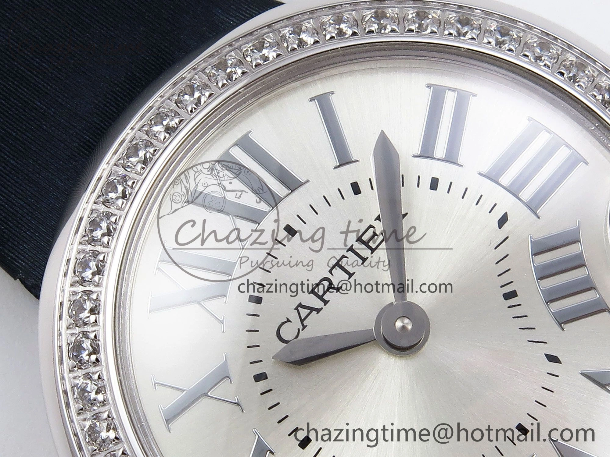 Ballon Blanc De Cartier 30mm SS DRF 1:1 Best Edition Silvered Texture Dial Diamonds Bezel on Blue Calfskin Strap Ronda Quartz