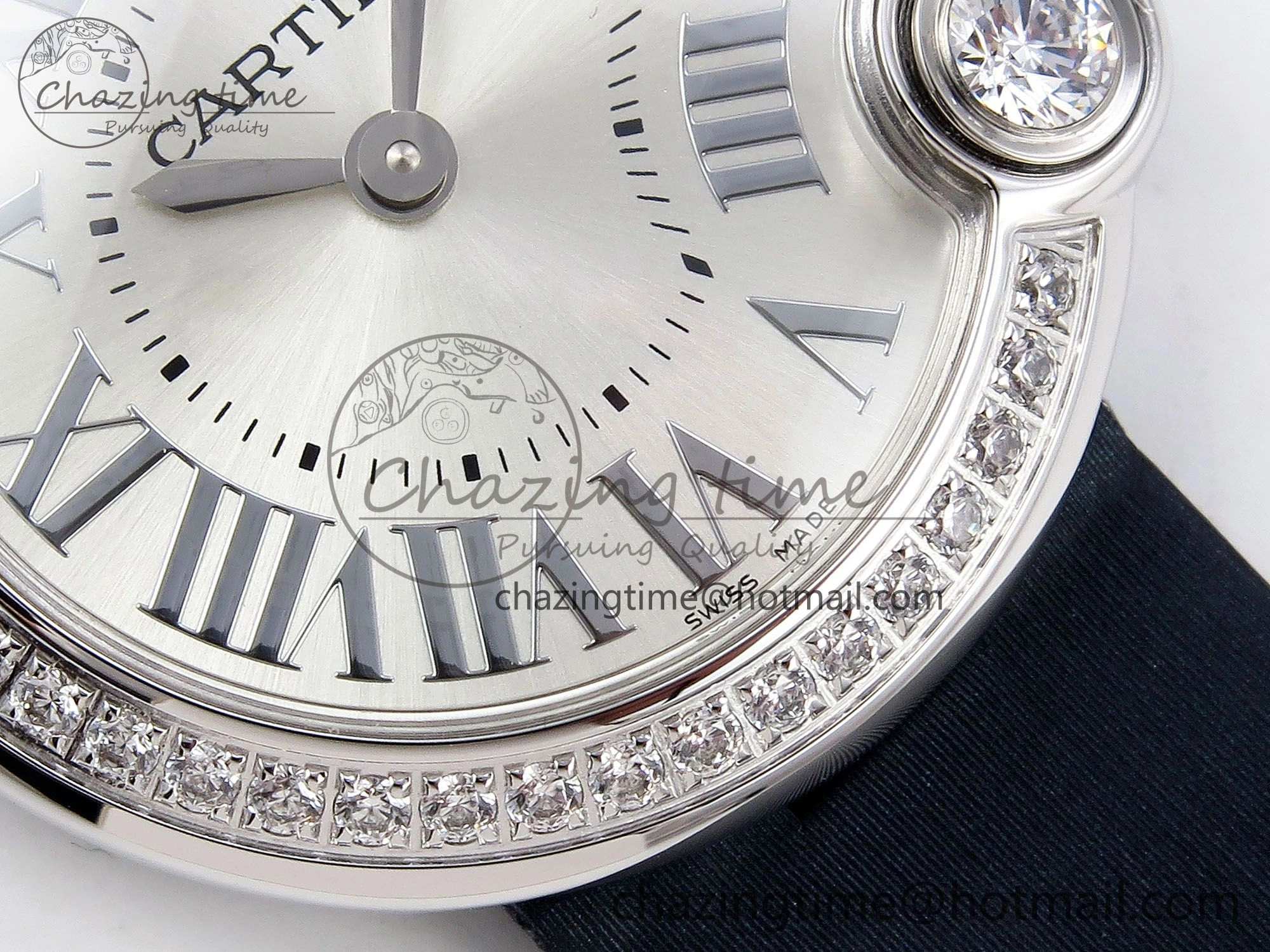 Ballon Blanc De Cartier 30mm SS DRF 1:1 Best Edition Silvered Texture Dial Diamonds Bezel on Blue Calfskin Strap Ronda Quartz