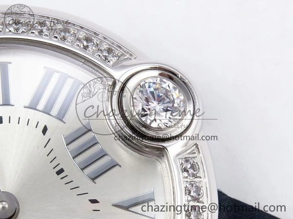 Ballon Blanc De Cartier 30mm SS DRF 1:1 Best Edition Silvered Texture Dial Diamonds Bezel on Blue Calfskin Strap Ronda Quartz
