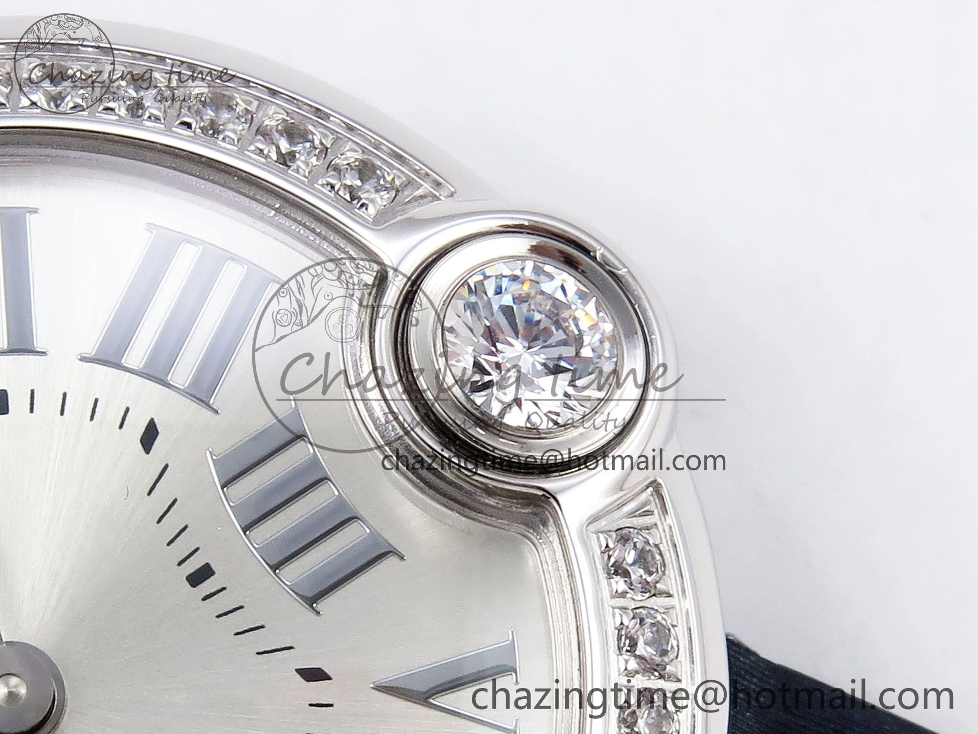 Ballon Blanc De Cartier 30mm SS DRF 1:1 Best Edition Silvered Texture Dial Diamonds Bezel on Blue Calfskin Strap Ronda Quartz