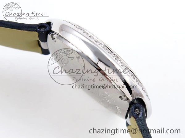 Ballon Blanc De Cartier 30mm SS DRF 1:1 Best Edition Silvered Texture Dial Diamonds Bezel on Blue Calfskin Strap Ronda Quartz