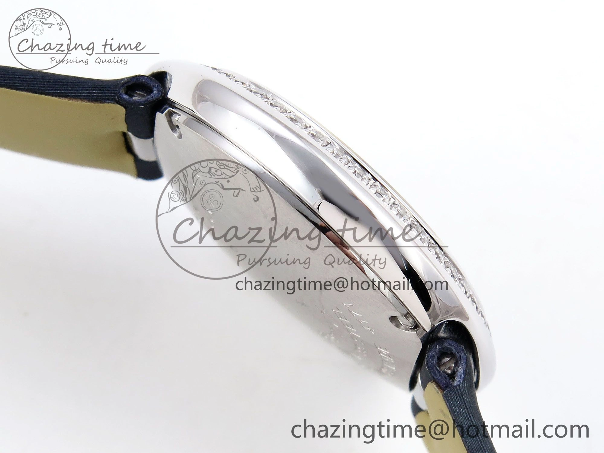 Ballon Blanc De Cartier 30mm SS DRF 1:1 Best Edition Silvered Texture Dial Diamonds Bezel on Blue Calfskin Strap Ronda Quartz