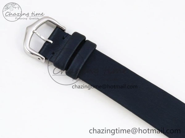 Ballon Blanc De Cartier 30mm SS DRF 1:1 Best Edition Silvered Texture Dial Diamonds Bezel on Blue Calfskin Strap Ronda Quartz