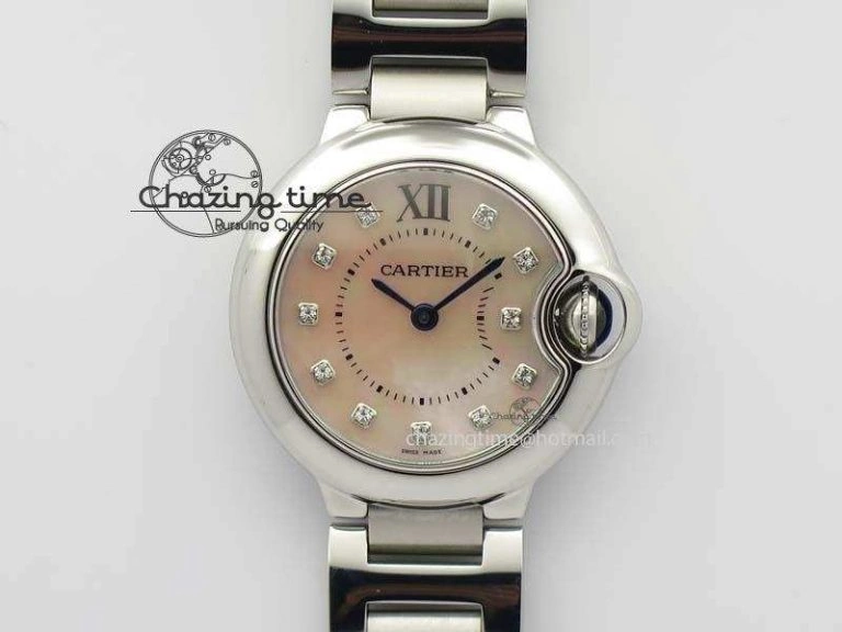 Ballon Bleu 28mm Ladies V6F SS Diamonds Markers Pink MOP Dial On SS Bracelet Ronda Quartz