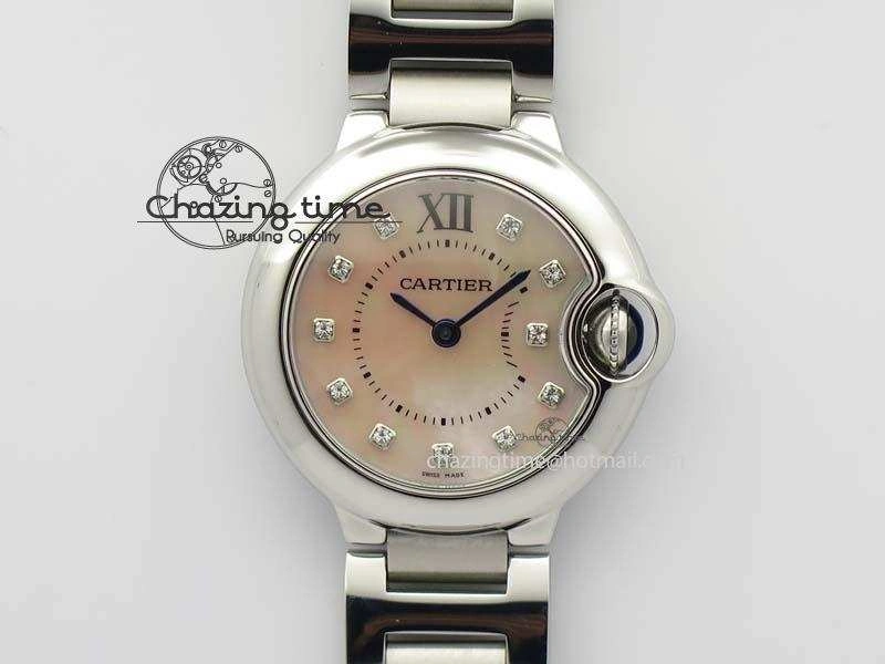 Ballon Bleu 28mm Ladies V6F SS Diamonds Markers Pink MOP Dial On SS Bracelet Ronda Quartz