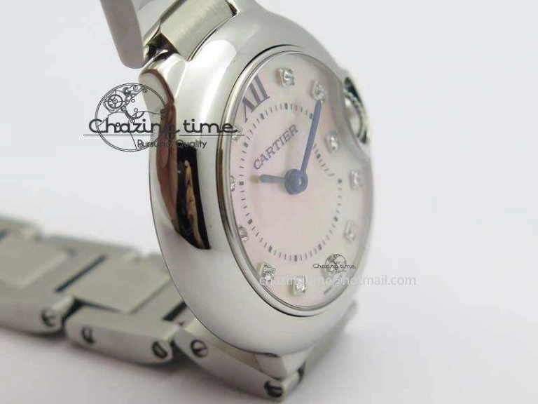 Ballon Bleu 28mm Ladies V6F SS Diamonds Markers Pink MOP Dial On SS Bracelet Ronda Quartz