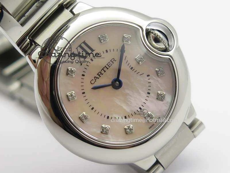 Ballon Bleu 28mm Ladies V6F SS Diamonds Markers Pink MOP Dial On SS Bracelet Ronda Quartz
