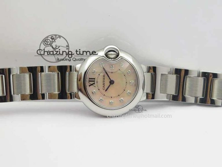 Ballon Bleu 28mm Ladies V6F SS Diamonds Markers Pink MOP Dial On SS Bracelet Ronda Quartz