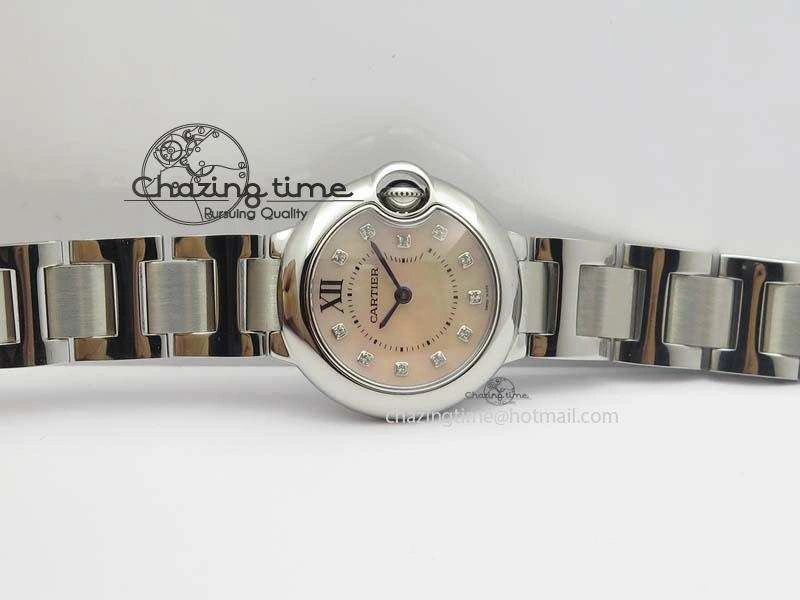 Ballon Bleu 28mm Ladies V6F SS Diamonds Markers Pink MOP Dial On SS Bracelet Ronda Quartz
