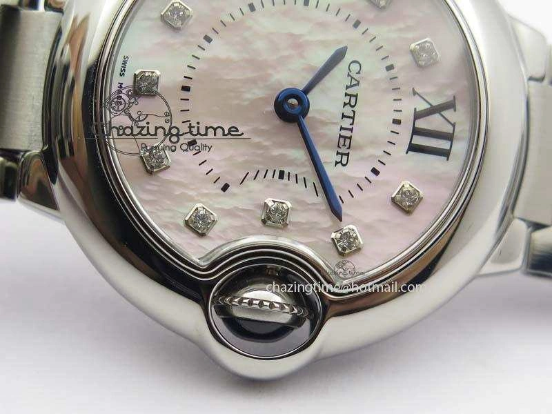 Ballon Bleu 28mm Ladies V6F SS Diamonds Markers Pink MOP Dial On SS Bracelet Ronda Quartz