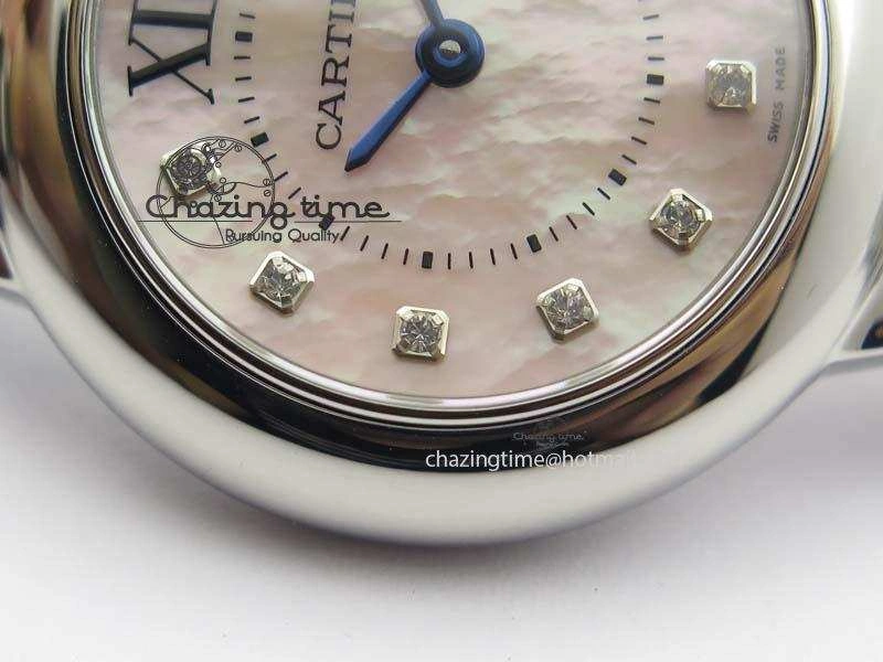 Ballon Bleu 28mm Ladies V6F SS Diamonds Markers Pink MOP Dial On SS Bracelet Ronda Quartz