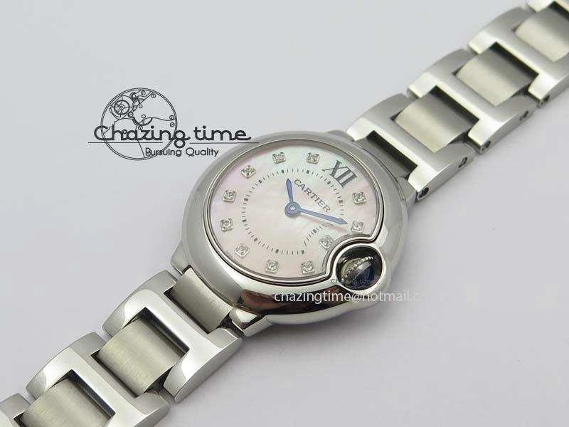 Ballon Bleu 28mm Ladies V6F SS Diamonds Markers Pink MOP Dial On SS Bracelet Ronda Quartz