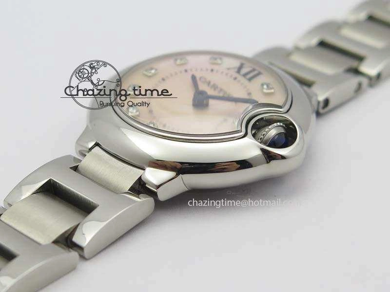 Ballon Bleu 28mm Ladies V6F SS Diamonds Markers Pink MOP Dial On SS Bracelet Ronda Quartz