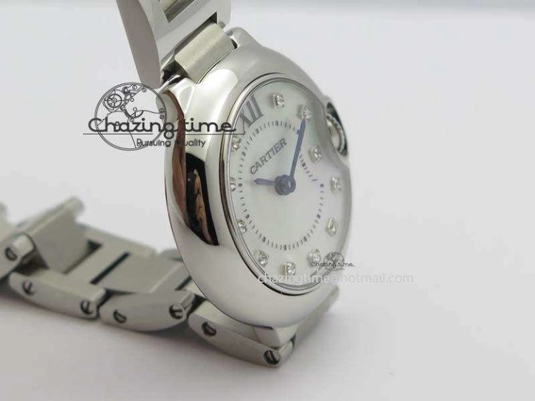 Ballon Bleu 28mm Ladies V6F SS Diamonds Markers White MOP Dial On SS Bracelet Ronda Quartz