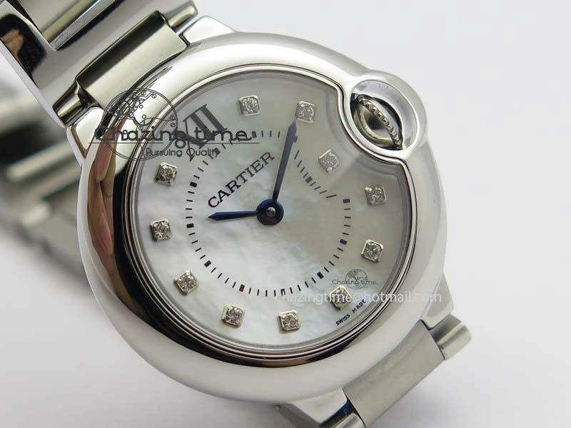 Ballon Bleu 28mm Ladies V6F SS Diamonds Markers White MOP Dial On SS Bracelet Ronda Quartz