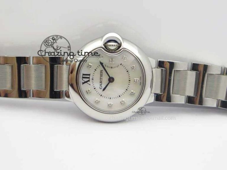 Ballon Bleu 28mm Ladies V6F SS Diamonds Markers White MOP Dial On SS Bracelet Ronda Quartz