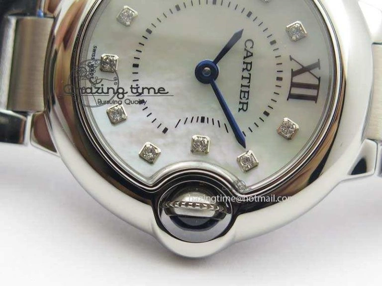 Ballon Bleu 28mm Ladies V6F SS Diamonds Markers White MOP Dial On SS Bracelet Ronda Quartz
