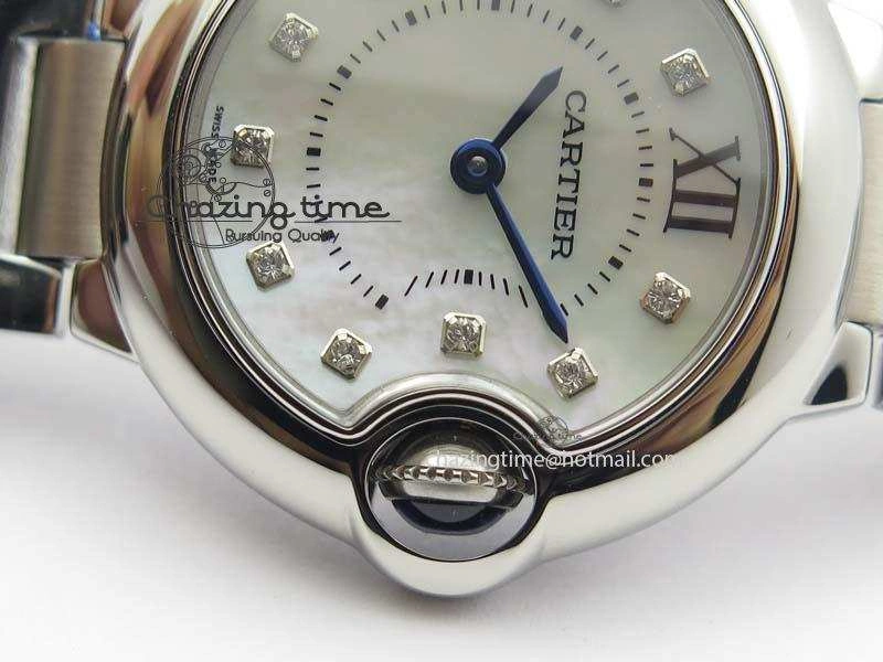 Ballon Bleu 28mm Ladies V6F SS Diamonds Markers White MOP Dial On SS Bracelet Ronda Quartz