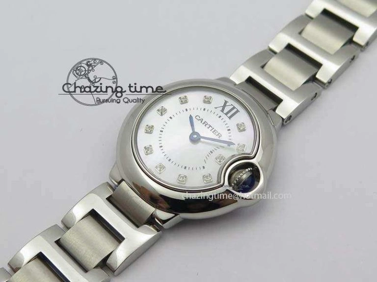Ballon Bleu 28mm Ladies V6F SS Diamonds Markers White MOP Dial On SS Bracelet Ronda Quartz