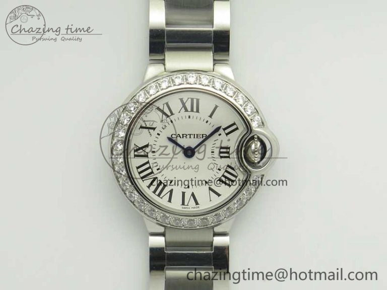 Ballon Bleu 28mm SS V6F 1:1 Best Edition White Dial Diamonds Bezel On SS Bracelet Ronda Quartz