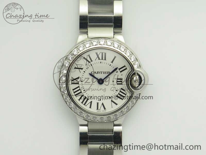 Ballon Bleu 28mm SS V6F 1:1 Best Edition White Dial Diamonds Bezel On SS Bracelet Ronda Quartz