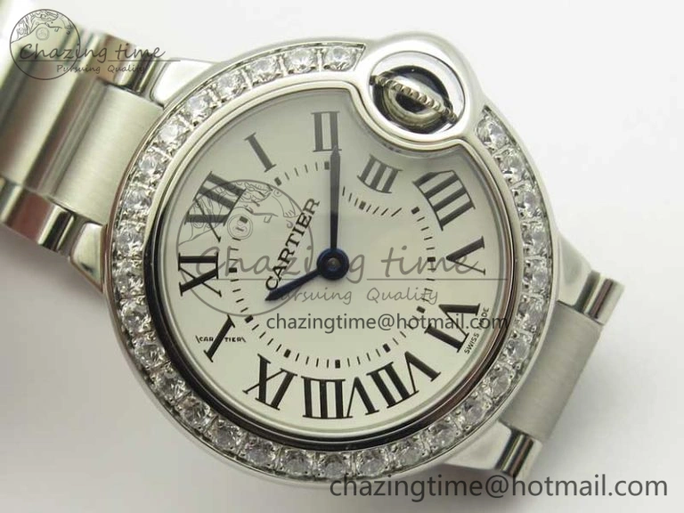 Ballon Bleu 28mm SS V6F 1:1 Best Edition White Dial Diamonds Bezel On SS Bracelet Ronda Quartz