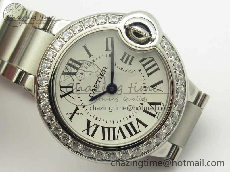 Ballon Bleu 28mm SS V6F 1:1 Best Edition White Dial Diamonds Bezel On SS Bracelet Ronda Quartz