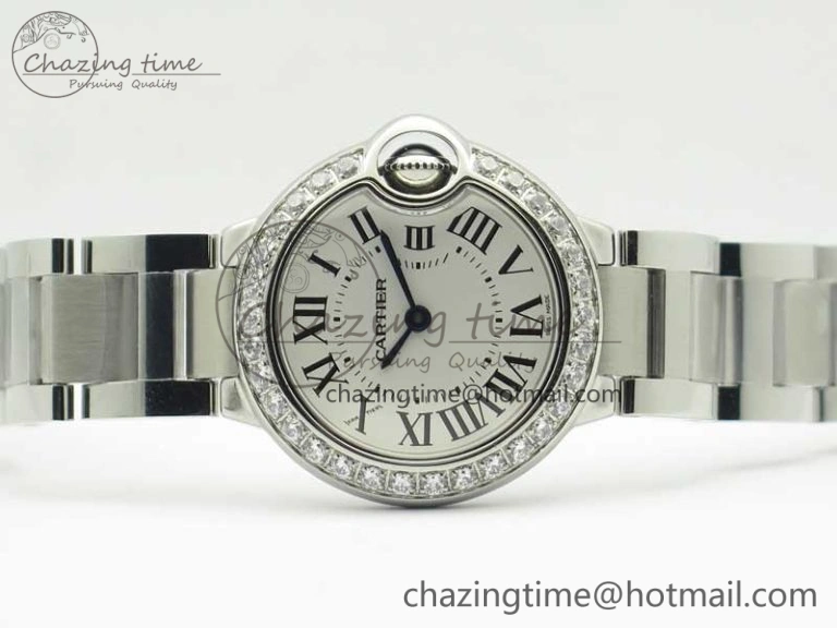 Ballon Bleu 28mm SS V6F 1:1 Best Edition White Dial Diamonds Bezel On SS Bracelet Ronda Quartz