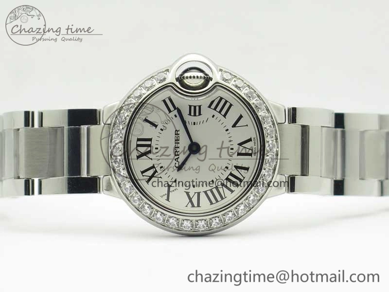 Ballon Bleu 28mm SS V6F 1:1 Best Edition White Dial Diamonds Bezel On SS Bracelet Ronda Quartz