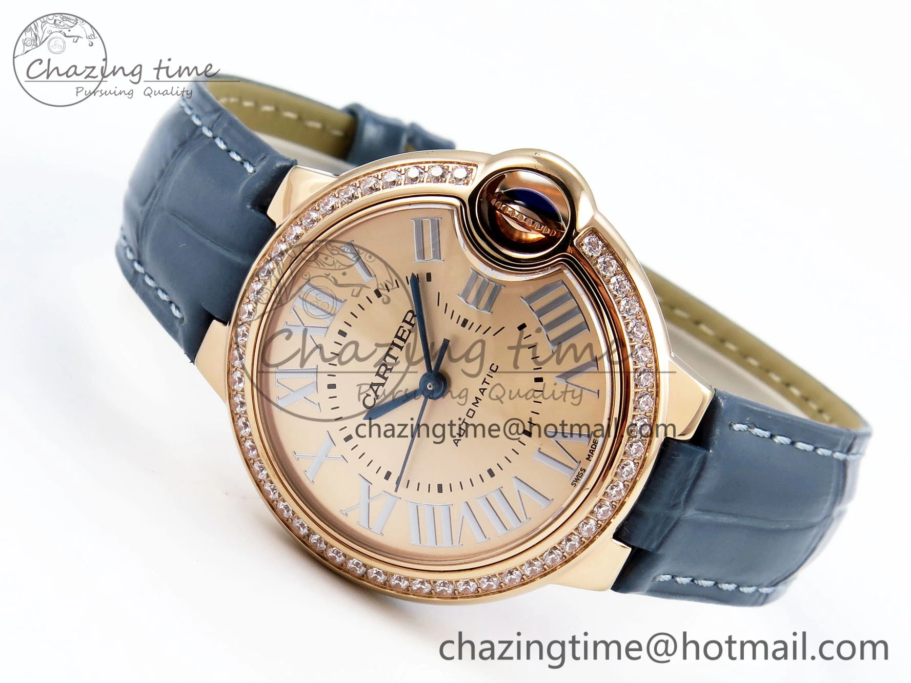 Ballon Bleu 33mm RG AF 1:1 Best Edition RG Dial Diamonds Bezel on Blue Leather Strap SEIKO NH05A