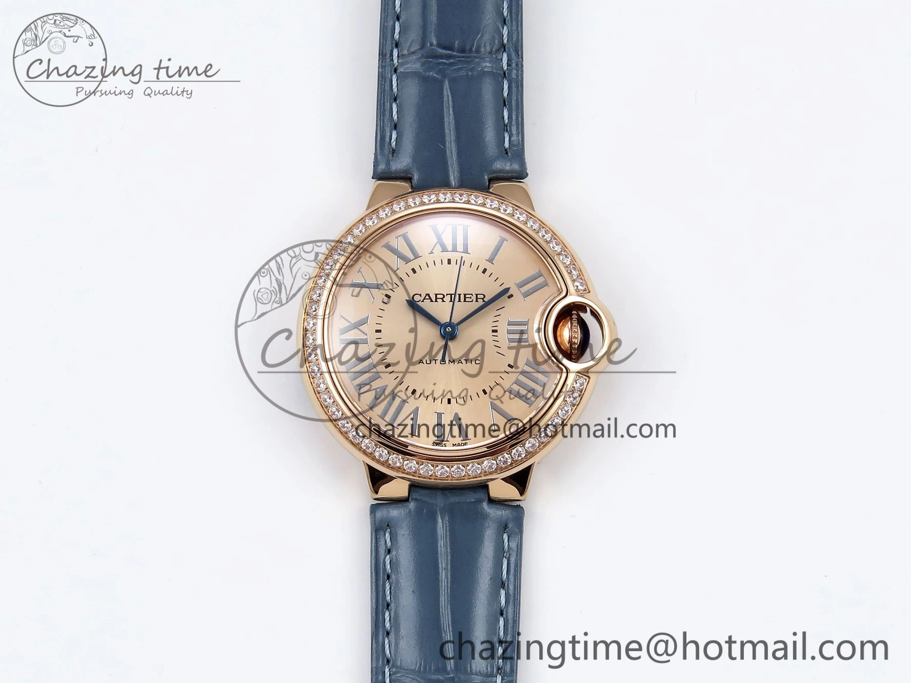 Ballon Bleu 33mm RG AF 1:1 Best Edition RG Dial Diamonds Bezel on Blue Leather Strap SEIKO NH05A