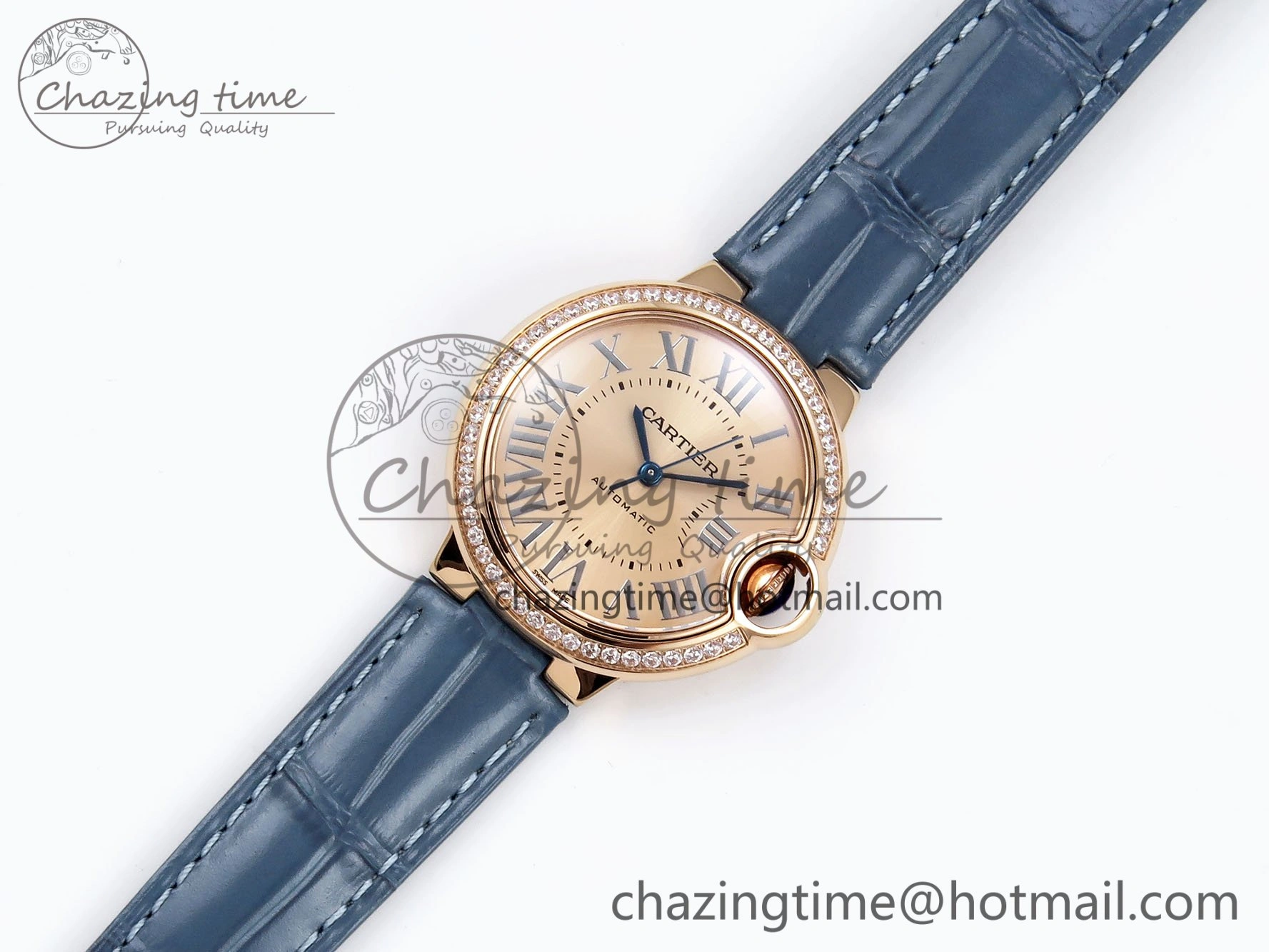 Ballon Bleu 33mm RG AF 1:1 Best Edition RG Dial Diamonds Bezel on Blue Leather Strap SEIKO NH05A