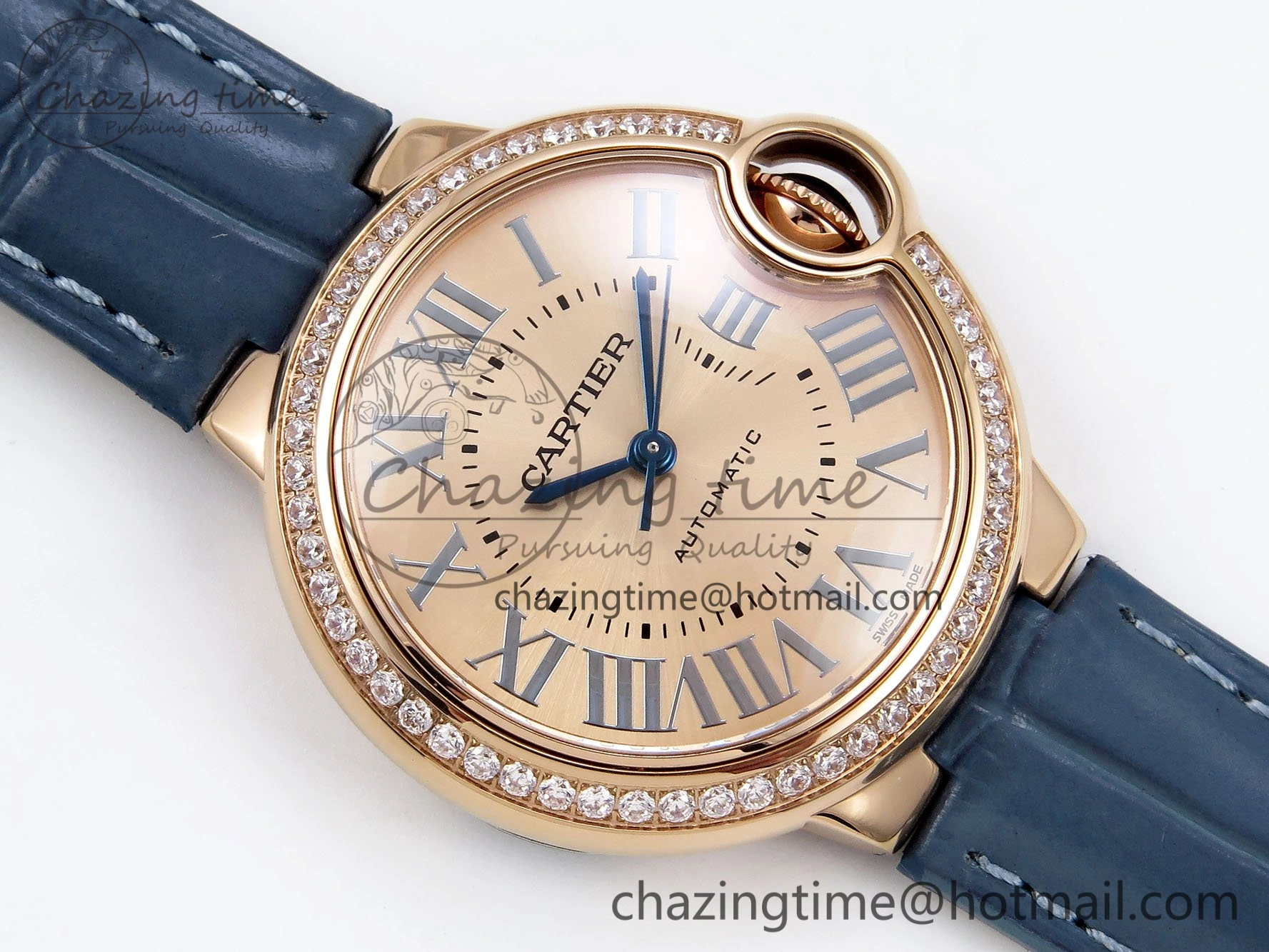 Ballon Bleu 33mm RG AF 1:1 Best Edition RG Dial Diamonds Bezel on Blue Leather Strap SEIKO NH05A