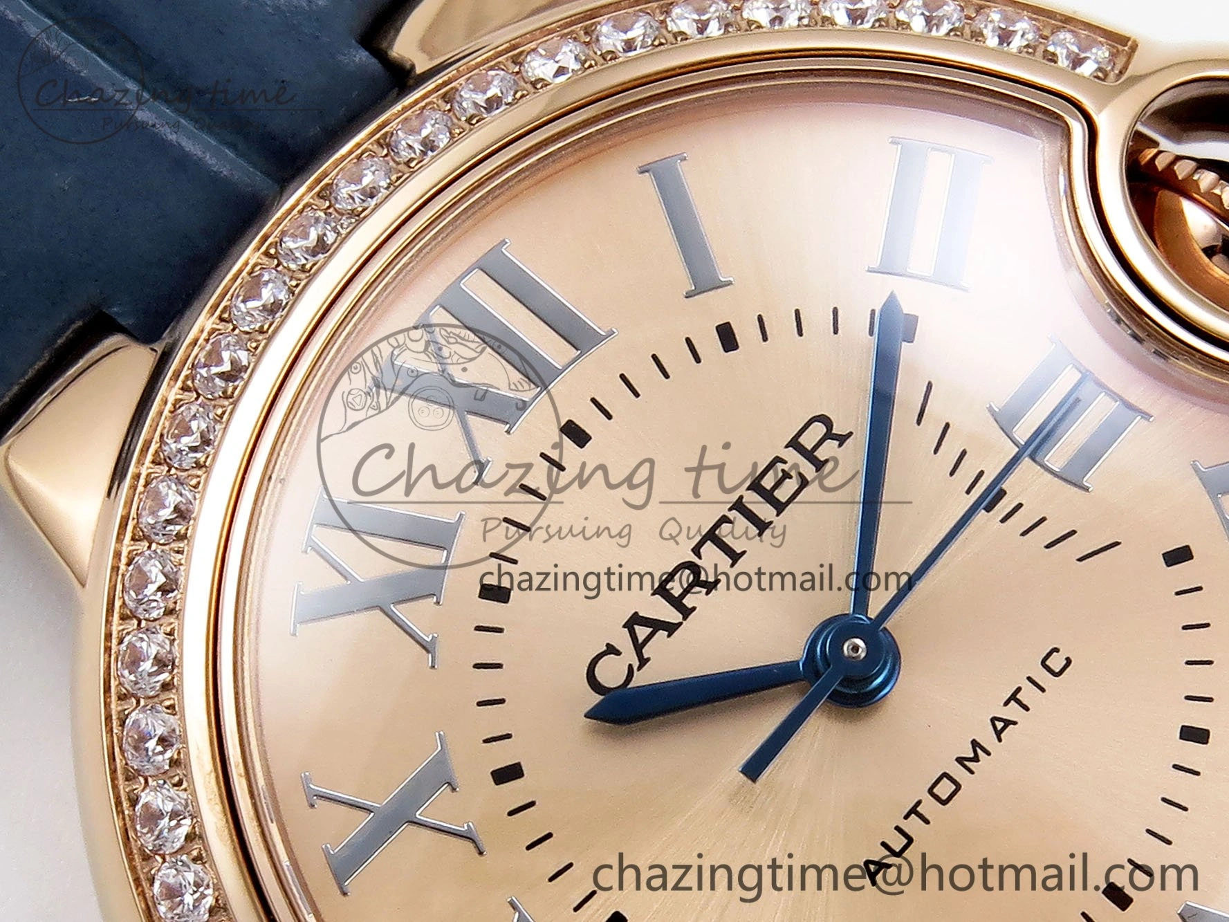 Ballon Bleu 33mm RG AF 1:1 Best Edition RG Dial Diamonds Bezel on Blue Leather Strap SEIKO NH05A