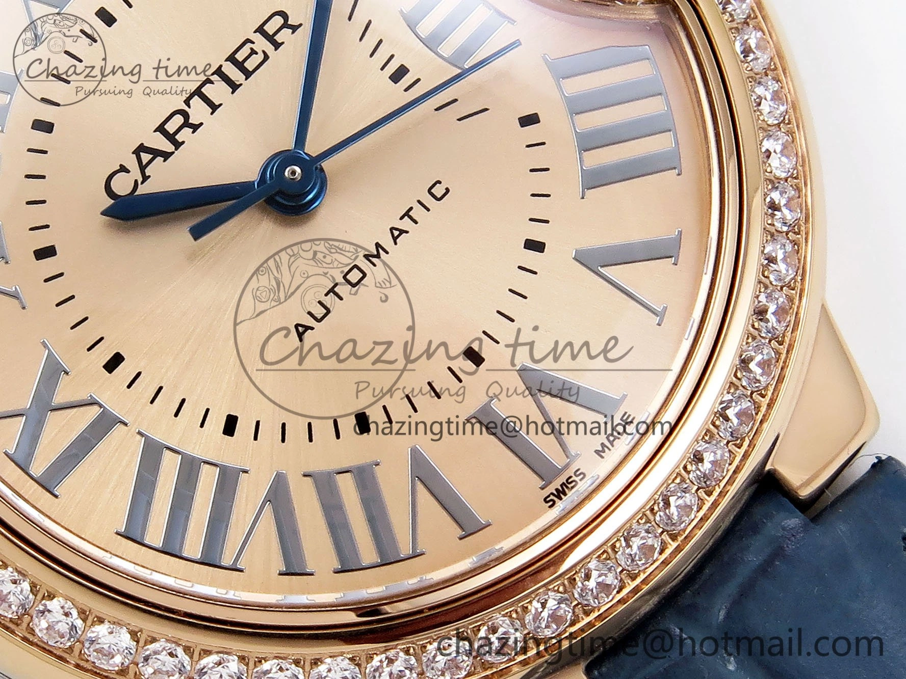 Ballon Bleu 33mm RG AF 1:1 Best Edition RG Dial Diamonds Bezel on Blue Leather Strap SEIKO NH05A