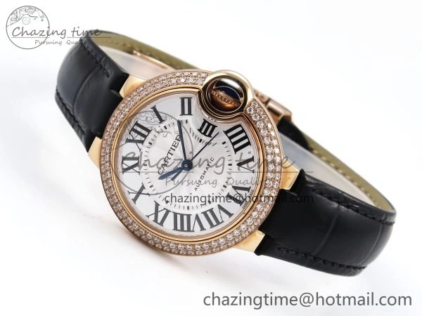 Ballon Bleu 33mm RG AF 1:1 Best Edition Silver Dial Diamonds Bezel on Black Leather Strap SEIKO NH05A