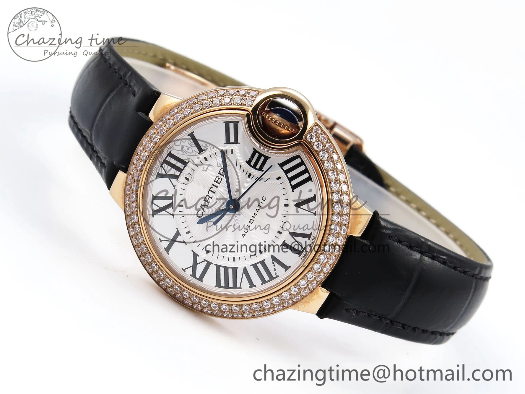 Ballon Bleu 33mm RG AF 1:1 Best Edition Silver Dial Diamonds Bezel on Black Leather Strap SEIKO NH05A