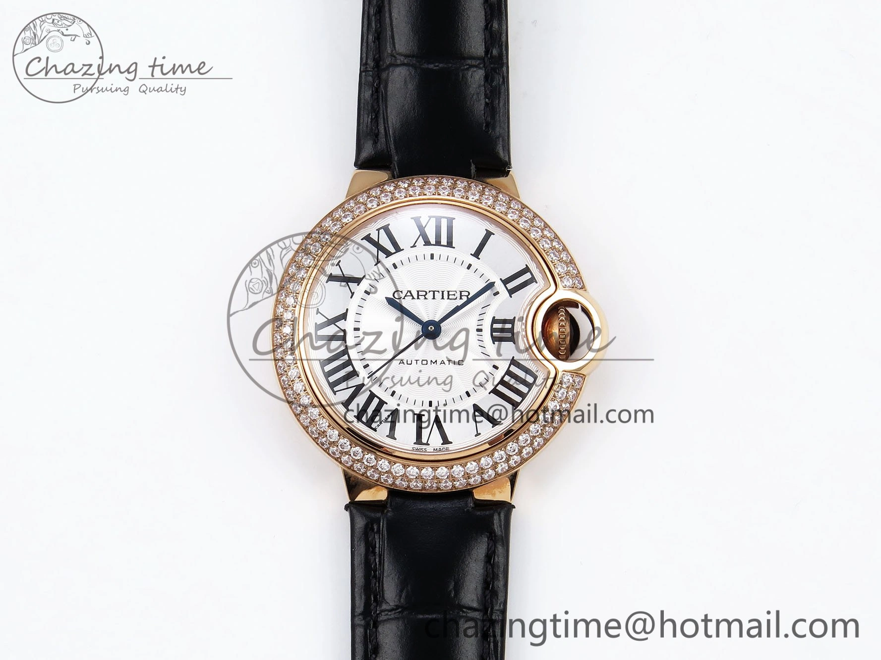 Ballon Bleu 33mm RG AF 1:1 Best Edition Silver Dial Diamonds Bezel on Black Leather Strap SEIKO NH05A
