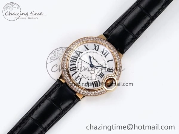 Ballon Bleu 33mm RG AF 1:1 Best Edition Silver Dial Diamonds Bezel on Black Leather Strap SEIKO NH05A