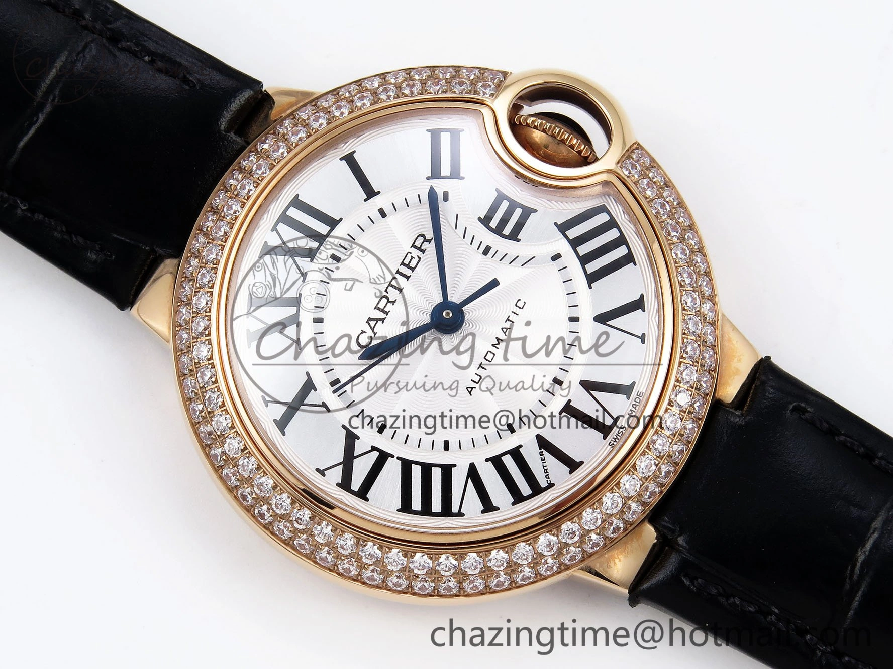 Ballon Bleu 33mm RG AF 1:1 Best Edition Silver Dial Diamonds Bezel on Black Leather Strap SEIKO NH05A