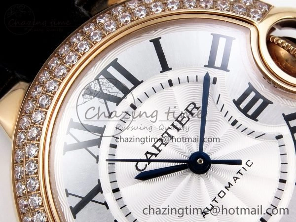 Ballon Bleu 33mm RG AF 1:1 Best Edition Silver Dial Diamonds Bezel on Black Leather Strap SEIKO NH05A